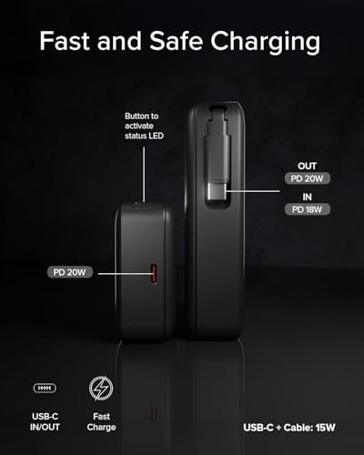 SBS PowerBank USB, 10000mAh, 20W Power Delivery (PD 3.0 PPS), szybkie ładowanie dzięki wbudowanemu kablowi USB-C, AFC, PowerBank z szybkim ładowaniem, USBC, USBA, przenośna ładowarka podróżna, czarny