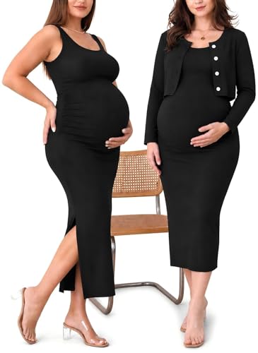 Rnxrbb 2 PCS Spring Summer Maternity Dress Cardigan Bodycon Short Tank Maternity Dresses Button for Women Long Sleeve Black-M