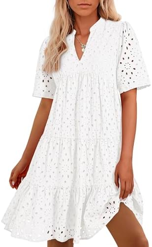 BTFBM Womens Boho Summer Dresses 2026 Spring V Neck Short Sleeve Hollow Out Lace Ruffle Casual Beach Mini Vacation Dress