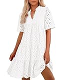 BTFBM Womens Boho Summer Dresses 2025 Resort V Neck Short Sleeve Hollow Out Lace Ruffle Casual Beach Mini Vacation Dress(White, Large)