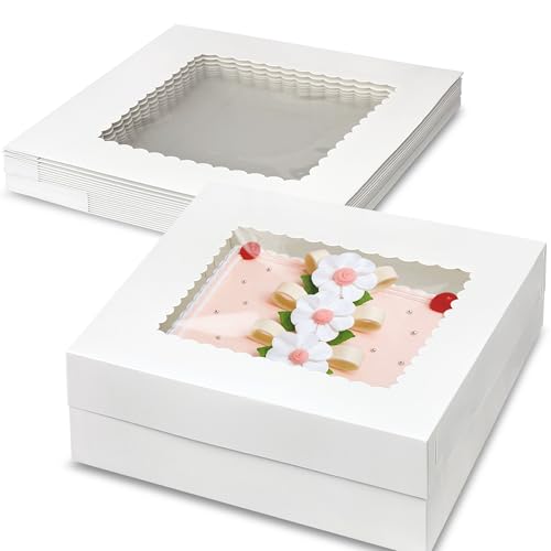 KEEPARTY 10 PCS 14x14x4 Inch White Cake Boxes with Window Large Bakery Box for Cake Cupcakes Donuts Cookies Dessert Pastry Baking Pie Packaging for Birthday Wedding Party