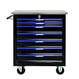 RYH 4/5/6/7 Drawers Rolling Tool Chest -Heavy Duty Mobile Metal Tool Box with Locking Wheels, with Stainless Steel Worktop, Garage Tool Storage Cabinet (Black-Blue, 7-Drawers 30.7' H×25.9' W)