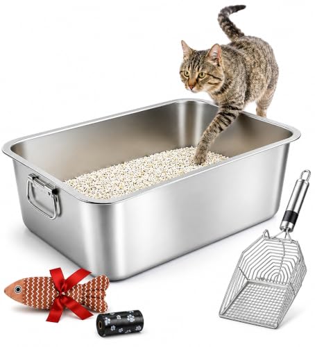 Stainless Steel Cat Litter Box XL Non-Stick Leak-Proof Odor & Rust Resistant Anti-Bacteria | Cat Litter Box Stainless Steel for Large & Multiple Cats | Includes Scoop Fish Toy & Waste Bag