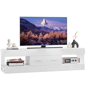Bestier TV Stand for 55/60/65 Inch TV, High Gloss Modern TV Stand with Stone-Patterned Side Panels, LED Entertainment Center with Large Drawer, TV Consoles for Living Room, Bedroom (Glossy White)