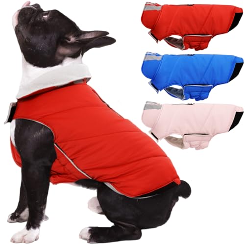 Kuoser Dog Coat Small, Cold Weather Reflective Waterproof Dogs Jacket with Warm Fleece Lining, Turtleneck Dog Winter Coat with Zipper, Doggy Snow Jacket Pet Coats for Small Medium Large Dogs, Red XS