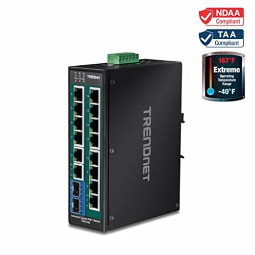 Image of TRENDnet 16-Port Hardened Industrial Unmanaged Gigabit PoE+ DIN-Rail Switch; TI-PG162; 14 x Gigabit Ports; 2 x Gigabit SFP Slots; 32Gbps; IP30 Gigabit Network Ethernet Switch; Lifetime Protection