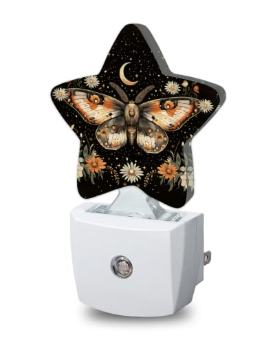 Image of Boho Moth Flower Star Night Light Plug in, Soft Glow Night Light for Kids Bedroom Nursery, Gentle Warm Light for Sleep, Compact Lamp for Hallway Bathroom