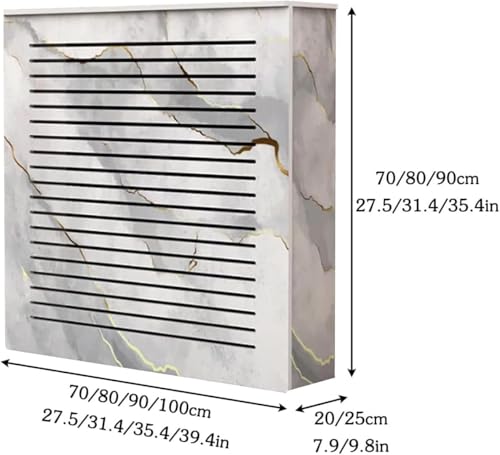 Meuble bas cache-radiateur motif marbre avec étagère de salle de bain