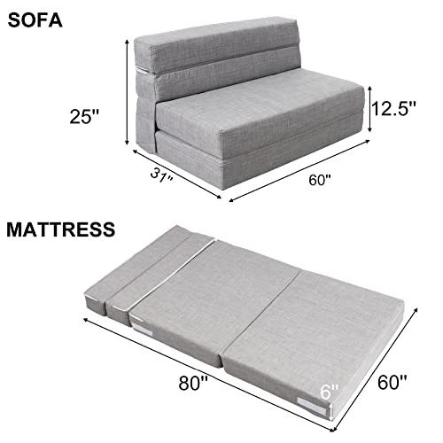 Anoner 60" Folding Sleeper Chair Sofa Bed Lazy Couch With 2 Pillows, Queen Size Memory Foam Washable Cover, Light Gray #TOP2