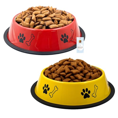 Image of Foodie Puppies Stainless Steel Dog Bowl Combo - (Medium, 700ml) Food and Water Feeding Gift Bowl | Suitable for Dogs, Cats and Other Pets I Paw Bone Print, Anti-Skid Rubber Base (Red + Yellow)