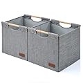 KAKAMAY Collapsible Cube Storage Bins 15x13x13 Inches Grey 2-Pack, Foldable Storage Organizer Wooden Handles Fabric Baskets for Living Room Shelves, Bedroom Nursery Closet Toys, Clothes, Laundry