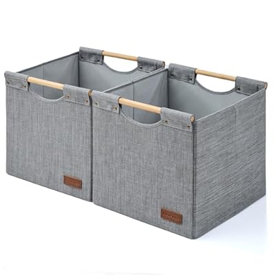 KAKAMAY Collapsible Cube Storage Bins 15x13x13 Inches Grey 2-Pack, Foldable Storage Organizer Wooden Handles Fabric Baskets for Living Room Shelves, Bedroom Nursery Closet Toys, Clothes, Laundry