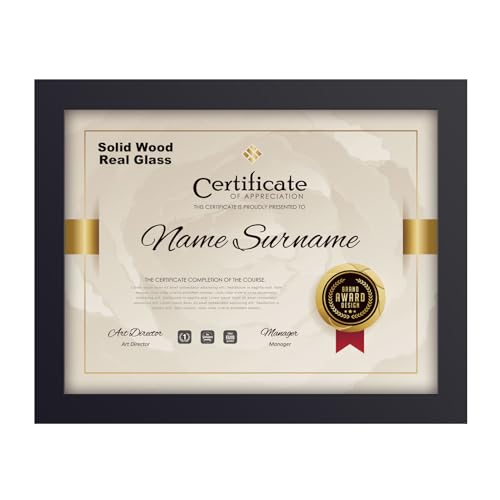 RPJC 8.5 x 11 Diploma Frame for Certificate & Documents, Solid Wood Picture Frame with Mat & Real Glass, Fits 8.5 x 11 Paper, Wall Mount Display, Gift-Ready in White Box, Black by RPJC - Used condition - US$10.53
