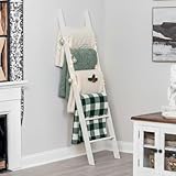 Blanket Ladder for Living Room and Bedroom, 5ft 8 inch, 6-Tier Wall Leaning Laminate Snag Free Construction (White) Rustic Decorative Farmhouse Blanket Storage, Quilt Rack, Ladder Shelf, Easy Assembly