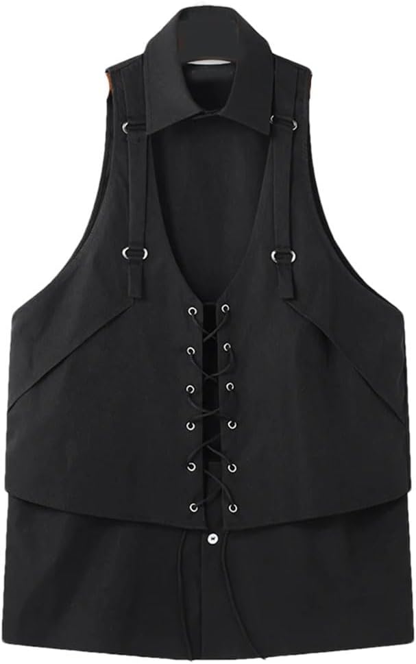 Fnfmrfmr Men Mesh Lapel Neck Vest Hollow-Out Casual Solid Sleeveless Lace-Up Tank Tops