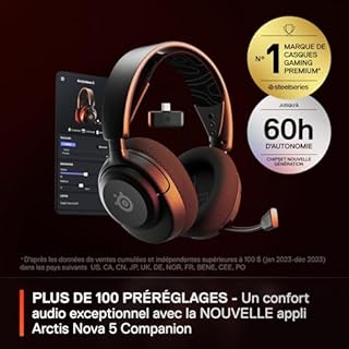 SteelSeries Arctis Nova 5 Casque Gaming Sans Fil Multi-Système - Haut-parleurs magnétiques néodyme - 100+ profils audio - Batterie 60h - 2,4GHz/BT - Micro ClearCast Gen 2.X - PS4/5, PC, Switch, Mobile