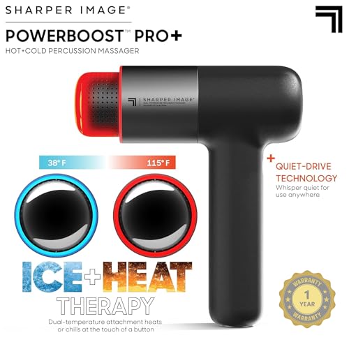 Sharper Image Deep Tissue Percussion Massage Gun, Powerboost Pro+ Hot & Cold Rechargeable Handheld Massager, 6 Adjustable Speeds, 6 Attachment Heads & Carrying Case, Muscle Pain Relief, Black - Image 3