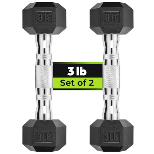 Hex Dumbbell Rubber Encased Strength Training, Hand Weight For Workout & Exercise/Pair of 3LB