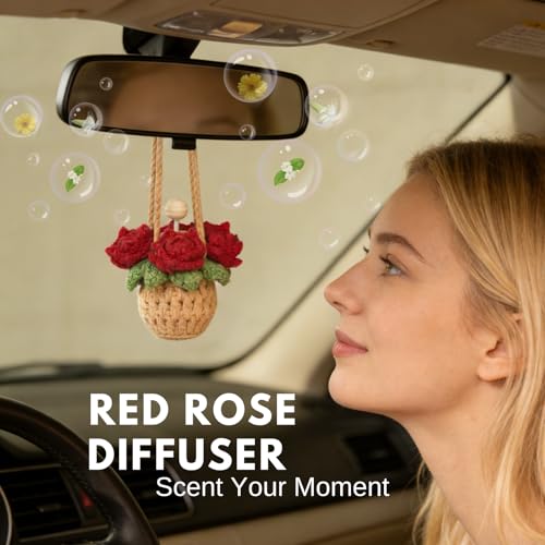 Image of ROFIGL Handmade Crochet Hanging Car Air Freshener - Romantic Red Rose Design, 12ml Refillable Thick Glass Bottle, Car Diffuser for Rearview Mirror, Home & Office Romantic Decor