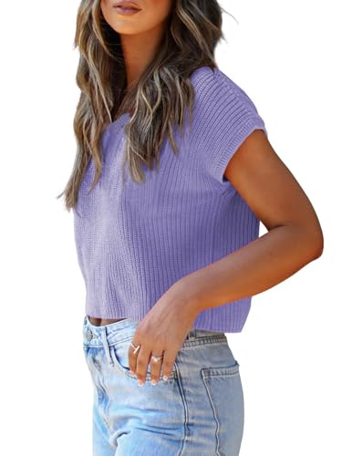 Image of LCXWFE Womens Summer Cropped Sweater Vest Trendy Cap Sleeve Crop Tops Crew Neck Loose Knit Tank Top