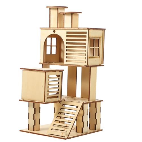 ledmomo ハムスター用木製プラットフォームハウス 耐久性のある天然木素材 通気性良好で 感のある隠れ家 スライド付き遊び場 小動物の運動