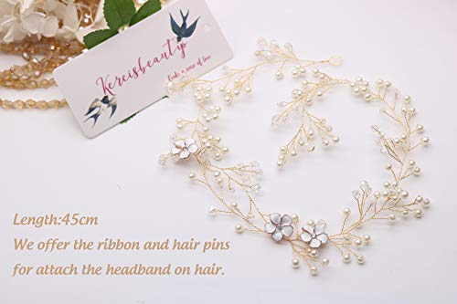 Kercisbeauty Handmade Boho Bridal Bridesmaids Flower Girls White Flower and Pearl Headband Vine Spring Headpiece Hair Vine Bridal Accessories Vintage Rustic Wedding (Gold) - Image 4