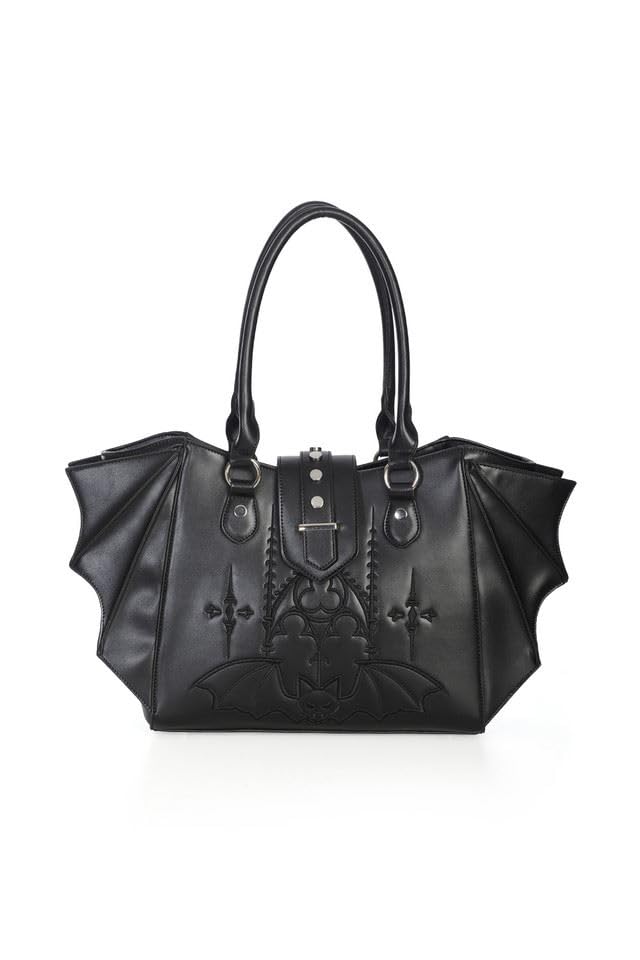 Banned Schwarze Gothic-Handtasche mit Fledermausflügel, Halloween-Wappen, Vampir, Alt-Stil, Handtasche