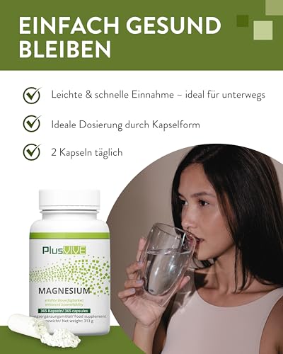 PlusVive Magnesium Kapseln hochdosiert I 1x 365 Kapseln I 700mg Magnesium Hydroxid pro Kapsel I Magnesium aus Meerwasser I mit Papain & Spirulina I Nahrungsergänzungsmittel vegan & laborgeprüft