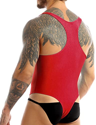Tssoe Men's One-Piece Mankini Bodysuit Wrestling Singlet Athletic Leotard Thong Underwear Red Raceback Medium #TOP3