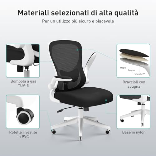 J3 Sedia ergonomica da scrivania, per computer e ufficio, con braccioli sollevabili e supporto lombare, altezza regolabile, lega di acciaio, Bianco - Sedia gaming - Immagine 9