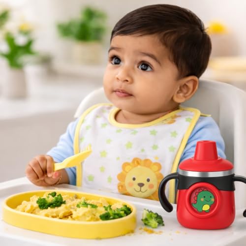 Image of THE LITTLE LOOKERS Stainless Steel Sipper Bottle 260ml | 316 Grade SS | BPA Free | Suitable for Hot & Cold | Travelling Bottle for Kids & Toddler | Training Sippy Cup with Straw /Spout (Red)