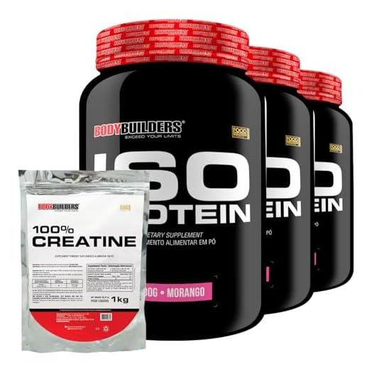 Kit 3x Whey Isolada Iso Protein 900g + Creatina 100% Pura 1kg - Bodybuilders (Médio, Morango)