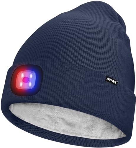 ATNKE Unisex LED Lighted Beanie Hat,USB Rechargeable 4 LED Red and Blue Glow Flashing Running Headlamp Ultra Bright Cap with Head Torch Winter Warm Lined Fleece Gifts for Men and Women
