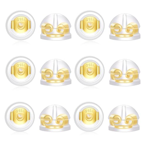 HANGINTHERE 18k Gold Silicone Rubber Earring Backs for Studs and Flat Back Earrings, Plastic Earring Backs Replacements,Earring Backs for Droopy Ears,New Upgrade Dual Locking Earring Backs for Studs