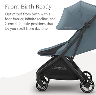 UPPAbaby Minu V3 Travel Stroller | Lightweight + Compact Design | One-Hand Fold + Unfold | from Birth + Overhead Compatible | Dillan (Stone Blue/Carbon Frame/Sand Leather)