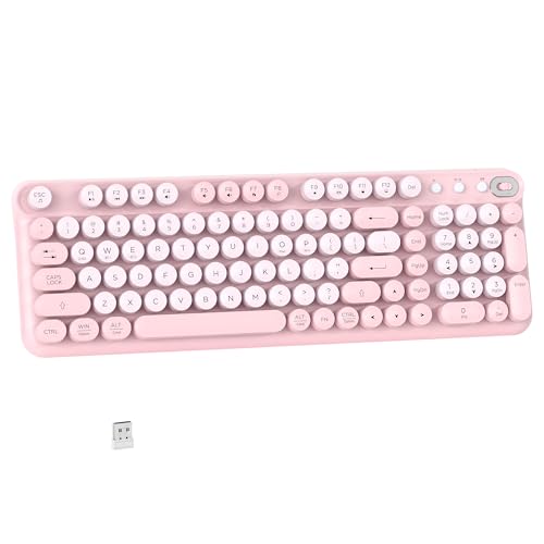 Links9+ Wireless Bluetooth Keyboard Retro Round Typewriter Keyboard Dual Mode Bluetooth & 2.4GHz Receiver Compatible with Windows macOS iPad Android Laptops and Tablets (Pink)
