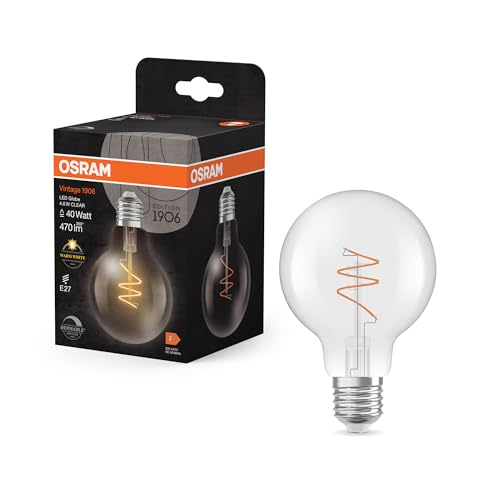 OSRAM Vintage 1906 Globe ist eine warmweiße, dimmbare LED-Lampe in klassischer Ballform mit spiralförmigem Filament. Sie bietet 4.6 W für 470 lm, E27 Fassung, klarfarbenes Glas, 80 mm Durchmesser.