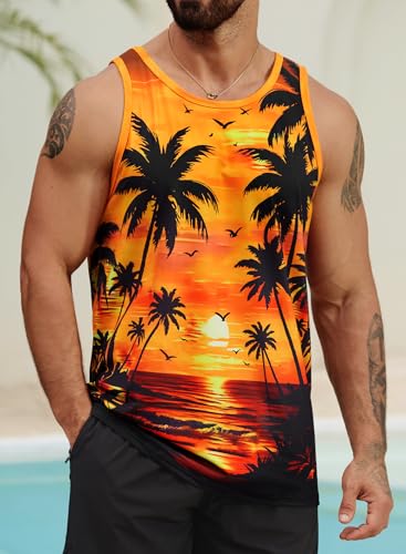 Image of VOGSTART Mens Hawaiian Beach Tank Tops Summer Vacation Muscle Top Graphic Sleeveless Shirts (S-3XL)