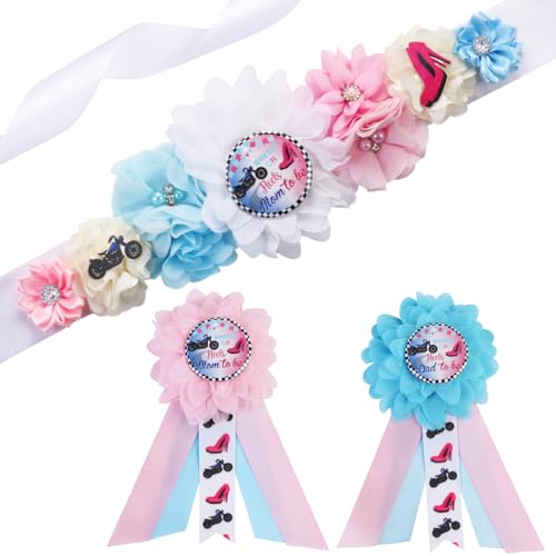 Cheerupp Wheels Or Heels Gender Reveal Maternity Sash Kit, Blue Or Pink Baby Shower Belly Belt and Mom to Be Dad to Be Corsage Pins, New Parents Pregnancy Announcement Photo Props Party Supplies