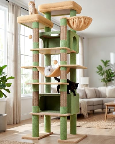 Globlazer Árbol Rascador para Gatos Cactus Verde Grandes XXL Alto 213cm con 2 Grande Nidos 50*30*30CM, 2 Plataforma, Percha, Cesta, Lujo Estable Torre Multinivel para Vario Gatos Adultos (F83B, Verde)