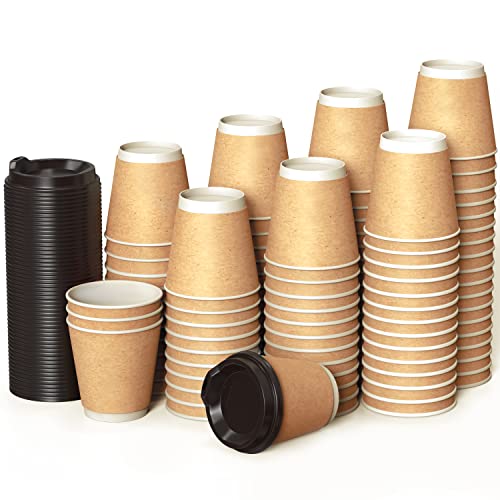 100 Kraft Vasos Desechables 240 ml de Doble Pared de Café para Llevar - Vasos Carton con Tapas y Agitadores de Madera para Servir el Café, el Té, Bebidas Calientes y Frías