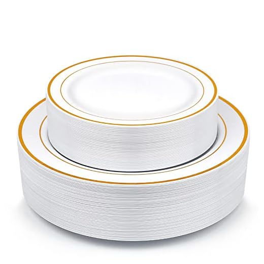 Gold Plastic Plates, MCIRCO 100 Pieces Disposable Party Plates for Weddings, Premium Heavy Duty Gold Rim Plates, Include 50 10.25 Inch Dinner Plates and 50 7.5 Inch Dessert Appetizer Plates