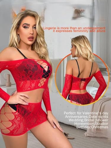 Image of GirlFriend Lingerie for Women Lovely Deep V Neck Teddy Babydoll Mesh Nightwear for Women Mesh Badydoll Fishnets Dresses See Through Lingerie Chemise Outfits One Piece
