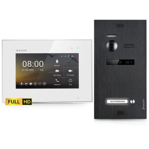 Balter EVO-HD Video Türsprechanlage, Video Türklingel, 1 Familienhaus Klingel, 7 Zoll HD-Monitor, Full HD-Kamera, 2 Draht Bus, Gegensprechanlage mit 175° Weitwinkel-Kamera, Schwarz