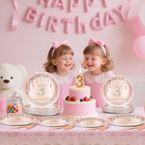 96 Pcs Rose Gold 3rd Birthday Party Decorations for Girls Happy 3 Years Birthday Paper Plates and Napkins Pink Rose Gold Party Tableware Set for 24 Guests Parties Supplies by Oitnlaughter - Used condition - Image 6