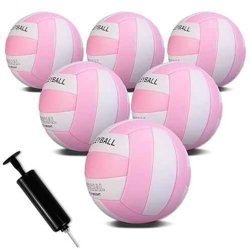 EVZOM 6 Pack Volleyballs Soft Beach Volleyball Official Size 5 for Outdoor/Indoor/Pool/Gym/Training Premium Volleyball Durability Stability Sports Ball with Pump(Pink White)