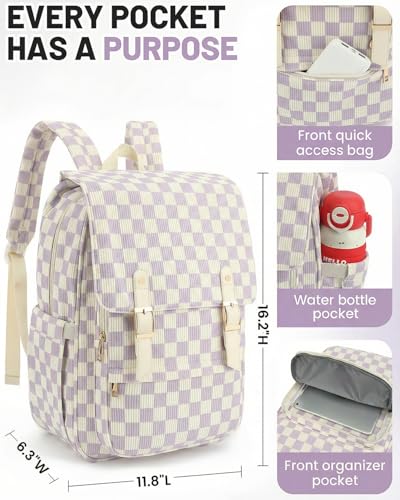 Image of Corduroy Laptop Backpack for Women, Fits 15.6 Inch Computer Bag, College High School Bookbag Travel Daypack Purse, Work Business Bags - Corduroy Checkered Purple