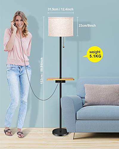 Lifeholder Floor Lamp, Modern Floor Lamp With Useful Dual Usb Ports & Rectangle Tray Table, Led Floor Lamp With Line Fabric Shade & Pull Chain, Standing Lamp Idea For Bedroom, Living Room Or Office #TOP1