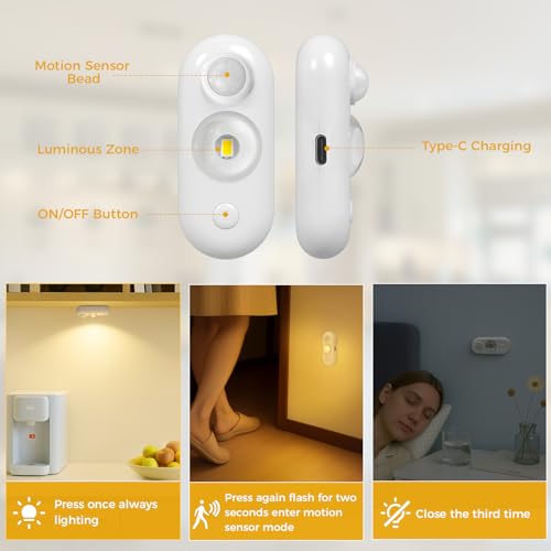 Image of LED Motion Sensor Puck Lights, Small Rechargeable Under Cabinet Light, Dimmable Warm White Closet Lights, Lithium-ion Battery Wireless Under Cabinet Lighting for Drawer, Kitchen (6 Pack)