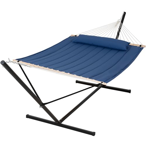 Image of SUNCREAT 2 Person Free Standing Hammock with 15 ft Stand, 475 lbs Capacity, Backyard Hammock with Stand, Navy